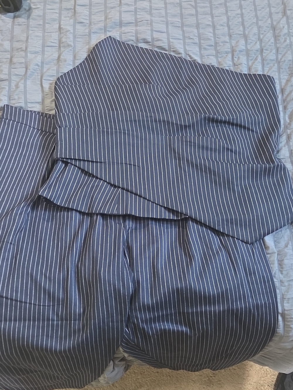 Pinstripe Asymmetric Tube Top And Trousers - Navy